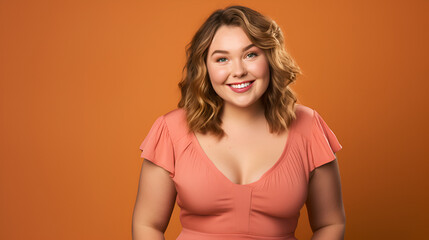 Obraz premium a young overweight white female presenter smiling in front of a bright solid colored background