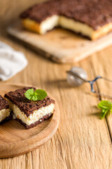 Cheese cake. Homemade cheesecake with mint for dessert