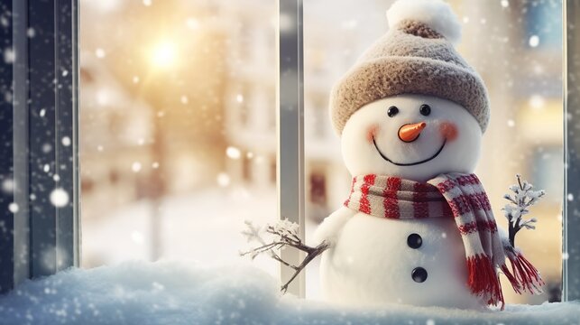 
Winter Holiday Christmas Greeting Card Background Concept. Closeup Of A Cute And Funny Laughing Snowman With Scarf And Wool Hat Peeking Out Of The Window