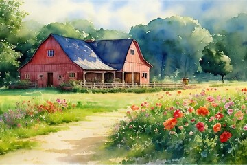 Illustration of a house in countryside. Rural watercolor landscape.
