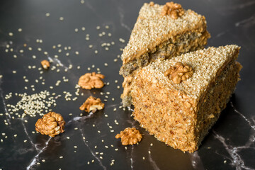 Walnut and poppy seed cake. Close up