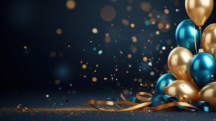 Golden and blue metallic balloons, confetti and ribbons with copy space
