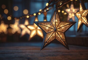 Decoration with a Christmas star on a bokeh background. Christmas background. Garland of Christmas glowing stars.
