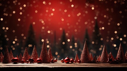 Christmas tree decorated glow and shining landscape with bright balls bubbles and blur red background AI generated