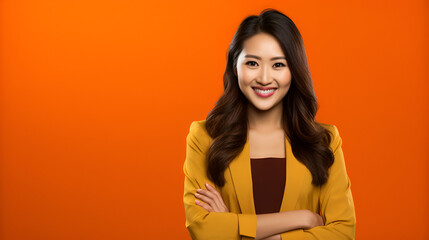 a young asian female presenter smiling in front of a bright solid colored background - obrazy, fototapety, plakaty