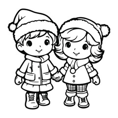 cute children celebrating Christmas, children's book illustrations coloring page for kids