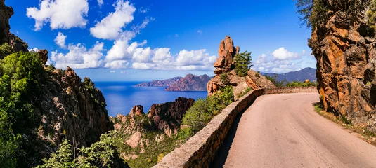 Fotobehang Nature of Corsica, France. Amazing red rocks of Calanques de Piana. famous route and travel destination in west coast of the island in gulf of Porto. © Freesurf