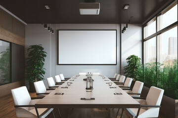 A conference room with a projection blank screen, a presentation mock-up. Concept of business presentations. Generative Ai.