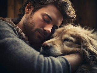 Man hugs dog with her eyes closed in the warm rays of the sun, AI