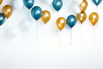 Balloons floating over white background, golden and blue tones. Generative AI