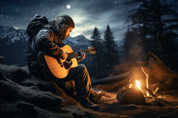 A musician playing a guitar around a campfire under a starry night sky. Concept of music and outdoor adventures. Generative Ai. - obrazy, fototapety, plakaty