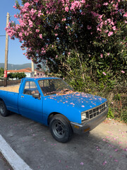 Retro blue car. Ithaca Greece
