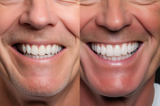 A before-and-after photo of a patient's smile transformation with dental implants. Concept of cosmetic dentistry and enhanced aesthetics. Generative Ai.