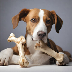 beagle dog looking up with bone