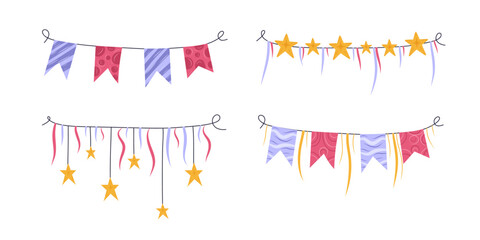 Birthday garlands set on isolated white background. Flat style. Cute garlands with colorful flags and stars. Bright shades of red, purple, yellow. For prints, seasonal design.