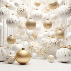 3d render. Winter holiday wallpaper. Festive white and gold Christmas ornaments and baubles