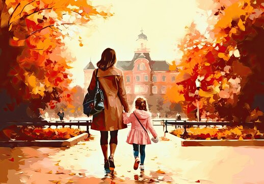 Mother and daughter taking walk in autumn park. Digital art in an artistic style. Illustration for cover, card, postcard, interior design, banner, poster, brochure, etc.
