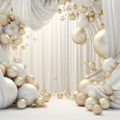 3d render. Winter holiday wallpaper. Festive white and gold Christmas ornaments and baubles