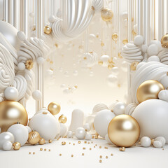 3d render. Winter holiday wallpaper. Festive white and gold Christmas ornaments and baubles