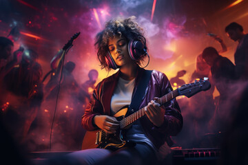 A music influencer introducing emerging musicians and new music. Concept of music discovery and promotion. Generative Ai.