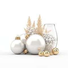 3d render. Winter holiday wallpaper. Festive white and gold Christmas ornaments and baubles