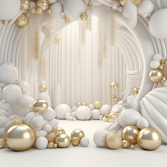 3d render. Winter holiday wallpaper. Festive white and gold Christmas ornaments and baubles