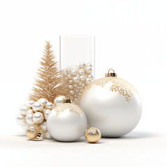 3d render. Winter holiday wallpaper. Festive white and gold Christmas ornaments and baubles