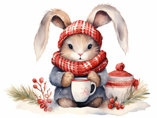 Obraz na płótnie Canvas Watercolor cute rabbit with cup of tea