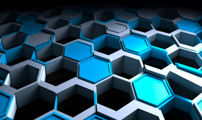 Obraz na płótnie Canvas Hexagonal Harmony: A Geometric Symphony of Blue and White Hexagons on a Black Canvas