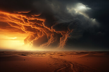 A dramatic thunderstorm brewing over a desolate desert landscape, conveying the power and grandeur of nature. Generative Ai.