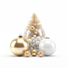 3d render. Winter holiday wallpaper. Festive white and gold Christmas ornaments and baubles