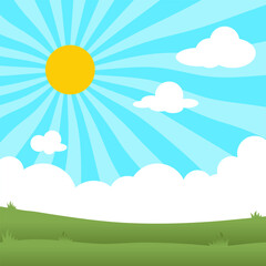 Fototapeta na wymiar Summer landscape scene with sun and rays on blue sky with clouds and green grass flat cartoon style. Background for empty clearing template. Design for banner, invitation, card, website