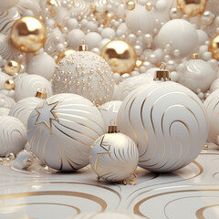 3d render. Winter holiday wallpaper. Festive white and gold Christmas ornaments and baubles