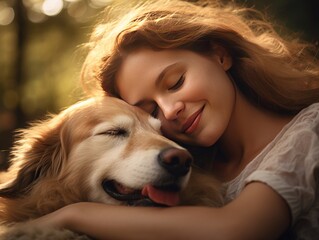 Adult girl hugs dog with her eyes closed in the warm rays of the sun, AI
