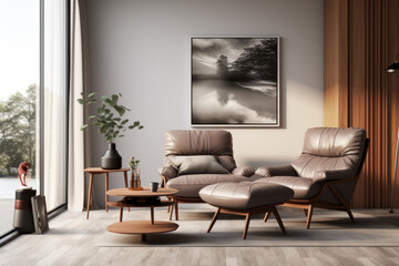 Scandinavian apartment interior with a dark blue sofa and recliner chair, showcasing modern living room design. Generative Ai. - obrazy, fototapety, plakaty