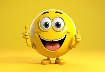 A figurine of a smiling plastic man who raises both thumbs up. The character agrees, gives a positive answer, recommends. Good idea concept. Illustration for advertising, marketing or presentation.