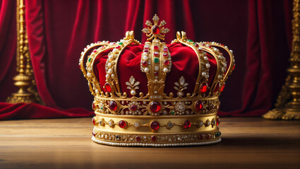 Fototapeta premium A magnificent crown in gold and red and set with precious stones.