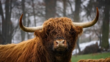 Close-up of a Highland breed cow with long horns and long wavy hair