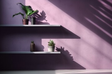 Abstract shadow leaf studio room with overlay plant, purple cement backdrop, kitchen counter, bar shelf, desk platform, loft space workplace table, product. Generative AI