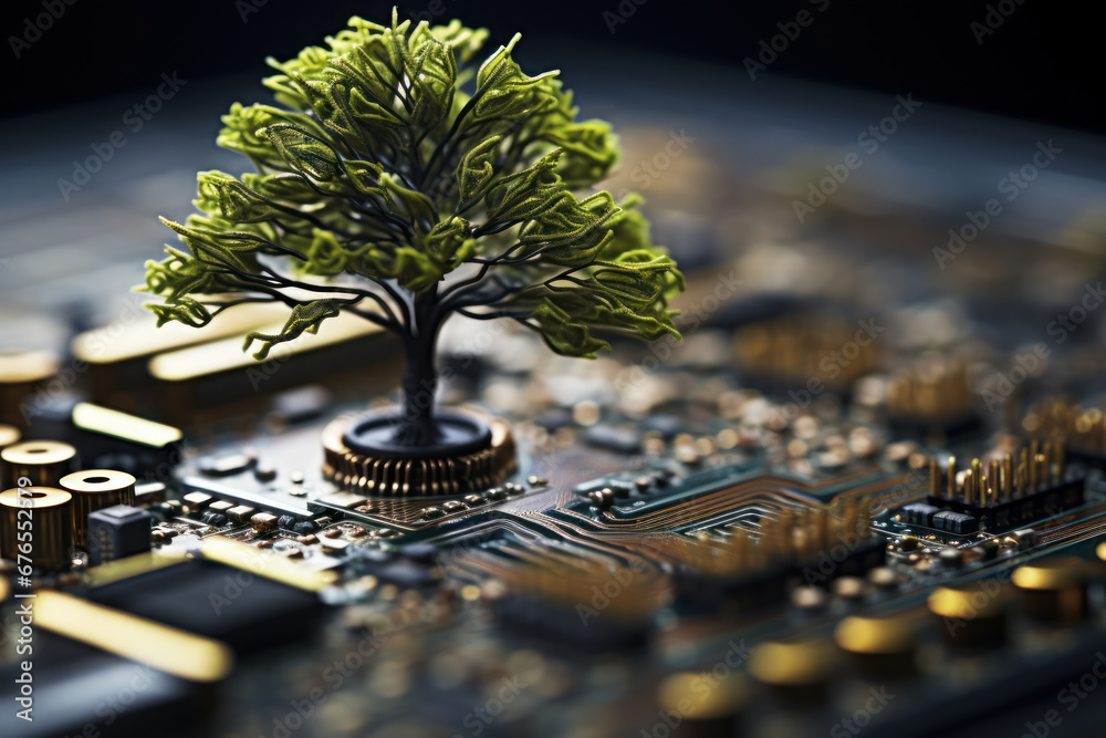Poster a tree growing atop a convergence point of a computer circuit board, emphasizing green computing and