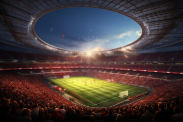 An inside view of a soccer stadium filled with enthusiastic fans and spectators celebrating....