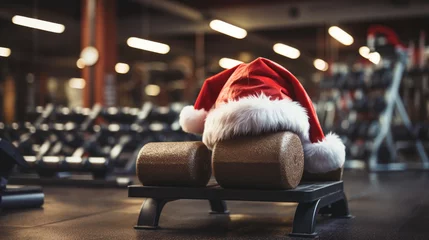 Crédence de cuisine en verre imprimé Fitness Santa Claus hat in the gym on Christmas day
