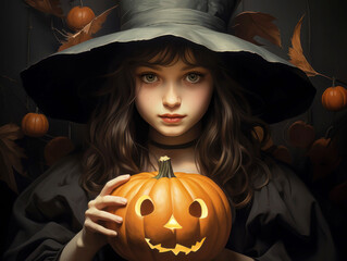 A girl in a hat holds a pumpkin in her hand for Halloween