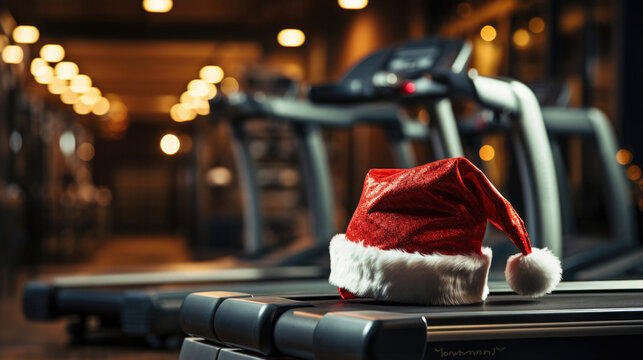 Santa Claus hat in the gym on Christmas day