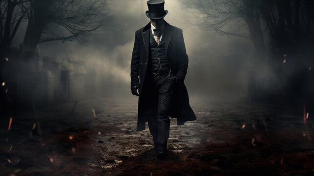 Man in a black top hat and cloak. Demonic image. Magician illusionist. Smoke background