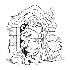 Christmas night funny Santa claus with his bag of gifts looking out of an old fireplace, children's book illustrations coloring page for kids