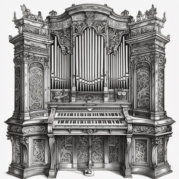 Organ, musical instrument, classical music, vintage retro black and white drawing, engraving style