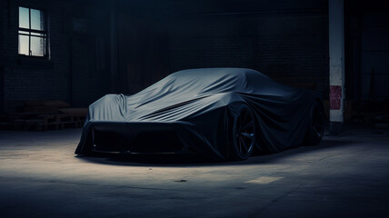 Modern sports car under dark cover - obrazy, fototapety, plakaty