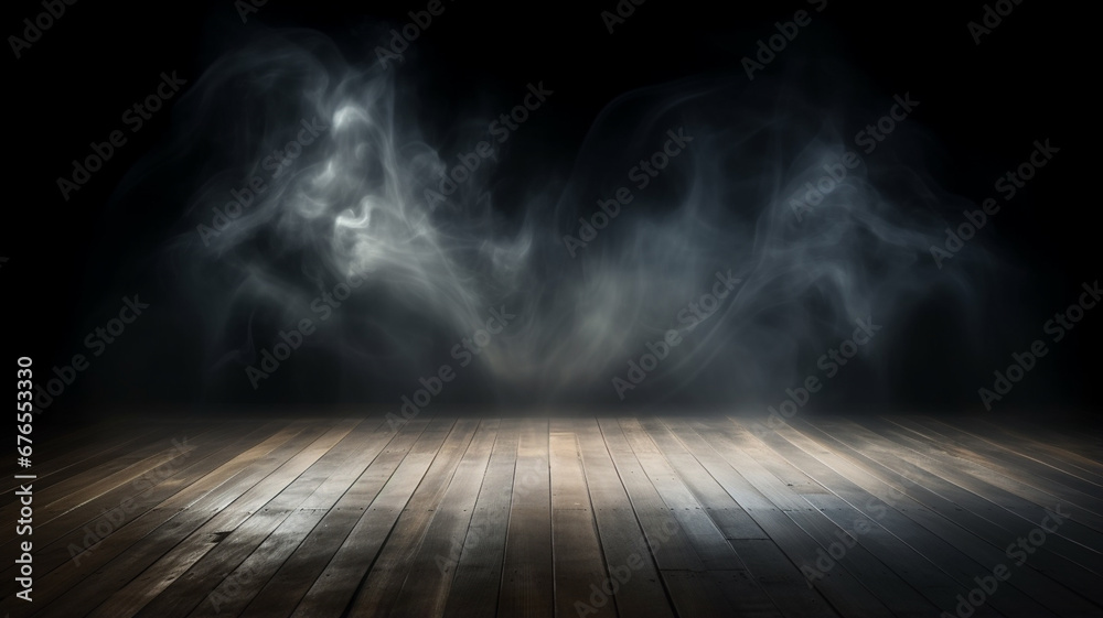 Sticker dark wooden floor, smoke and smoke background. empty place.