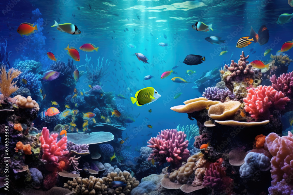 Wall mural Split underwater view of tropical sea bottom and sky background